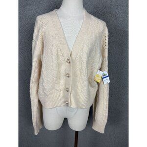 Sugar Moon Juniors Women's Cable-Knit Bling-Button Cardigan Sweater XL Beige NWT